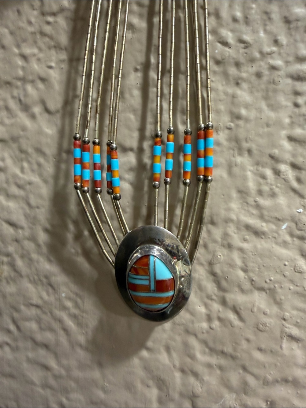 Handcrafted Inlay Pendant Necklace with Turquoise and Orange Accents - Picture 2 of 6